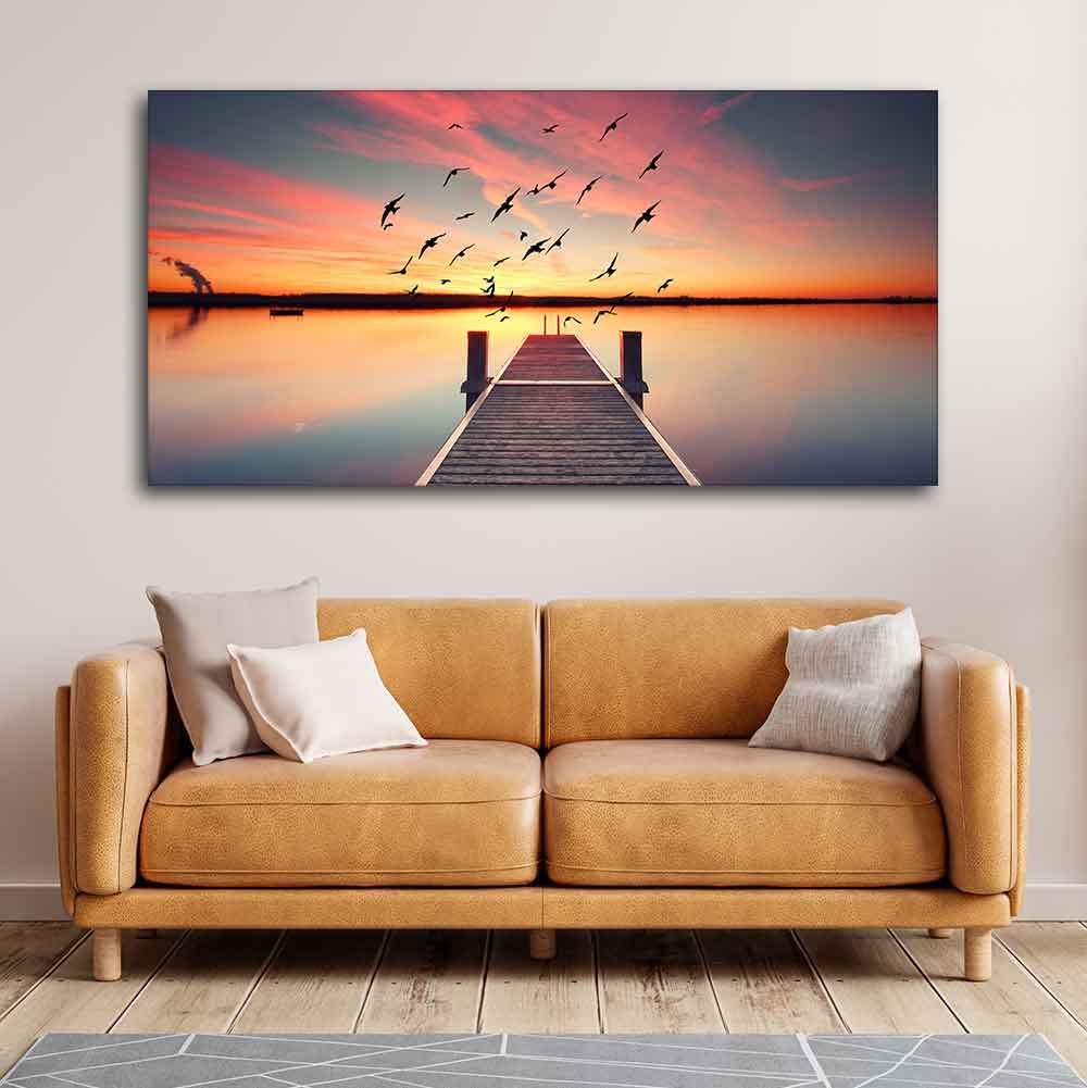 VIBECRAFTS Wooden jetty In Sunset Nature Premium Canvas Wall Painting With Frame for Living Room Drawing Room Home|Office|Gift (PTVCH_2206N)