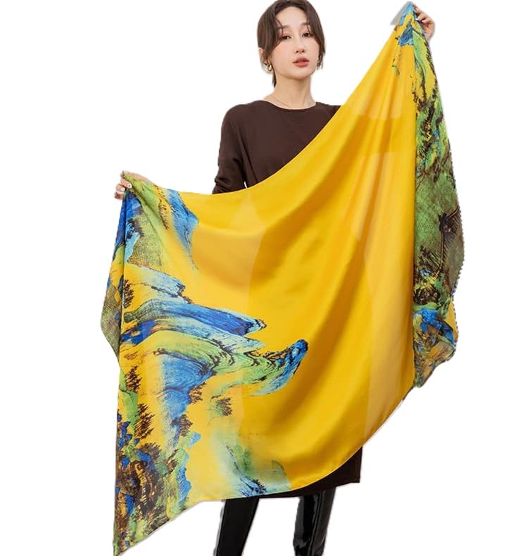Alexvyan Satin Silk Summer Scarves 180 x 84 cm, Yellow Mountain Theme with Stitched Border, Lightweight Fashion Scarf for Women Sun Protection Stole