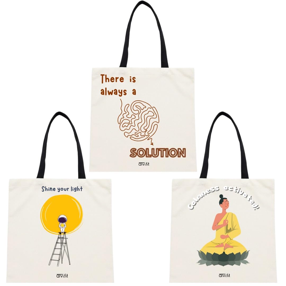 ATVI.FIT Trendy Cotton Close Zip Tote Bags for Women Designs - 15.5x15 - Perfect for College, Office, Yoga, and Everyday Use (SET OF 3 TOTE)