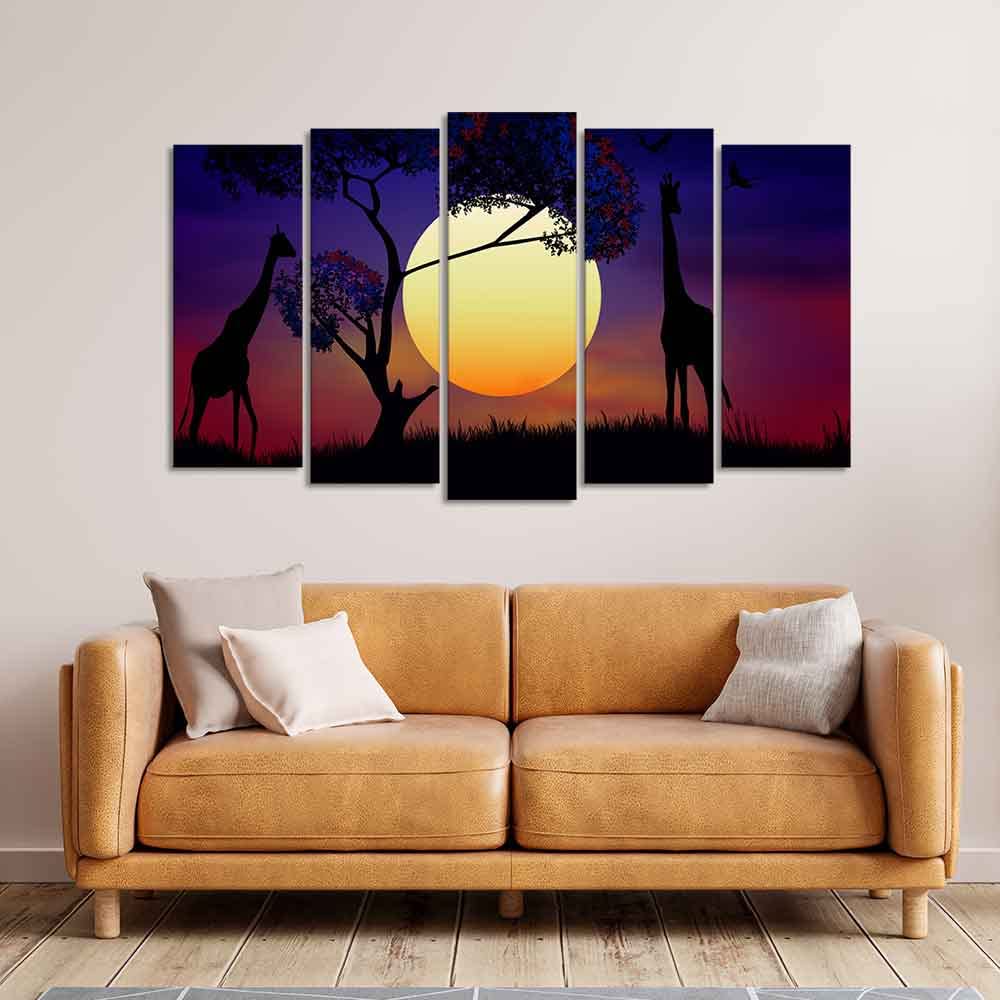 VIBECRAFTS Pair of Giraffe at Night Canvas Wall Painting Set of Five Pieces For Home|Office|Living Room|Gift (PTVC5Pcs2_6622)