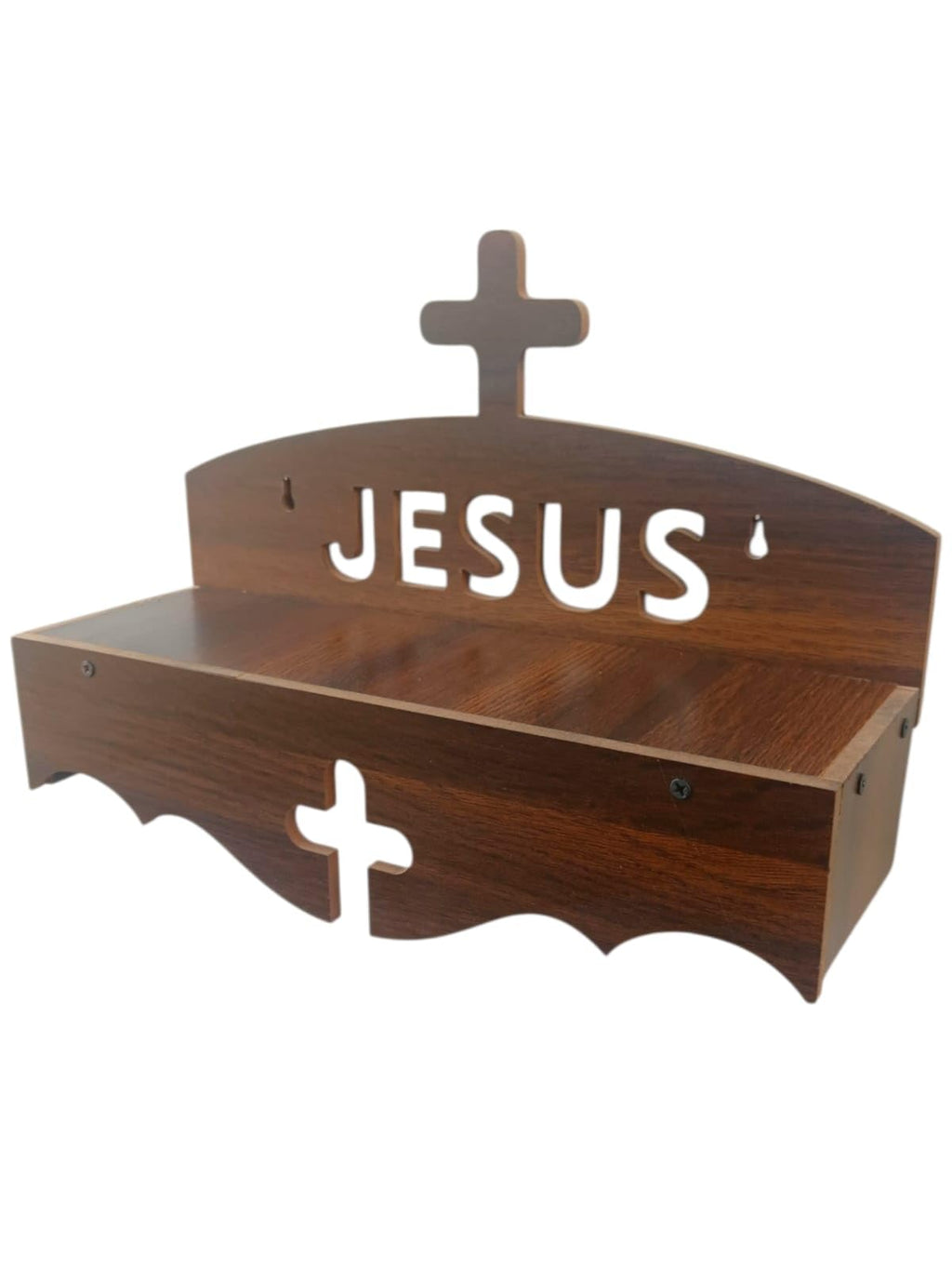Wooden Wall Mounted Home Temple, Religious Christian Prayer Altar with Cross and Jesus Text, Brown Wood Shelf Design
