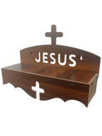 Wooden Wall Mounted Home Temple, Religious Christian Prayer Altar with Cross and Jesus Text, Brown Wood Shelf Design