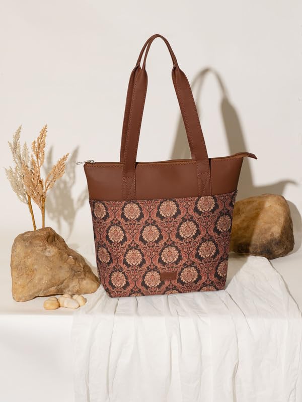 ZOUK Jodhpur Damask Motif Printed Women's Jute Handcrafted Vegan Leather Black Everyday Tote