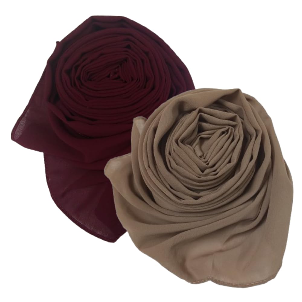 Trending Combo of 2 Muslim Women Malaysian Soft Plain Chiffon Georgette Fancy Hijab/Scarves/Shawl/Stoles/Duppatta/Solid head Wrap College Girls Abaya Scarf Collection (Maroon, Nude Brown)