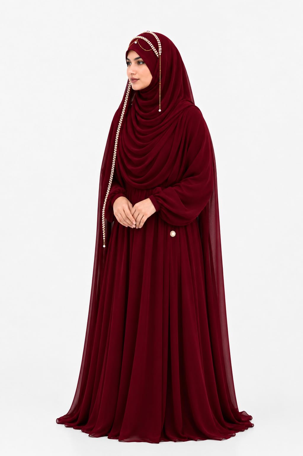 AL NOOR HIJAB Women's Pearl Chain Stone Hijab Scarf WIth Chiffon Dupatta