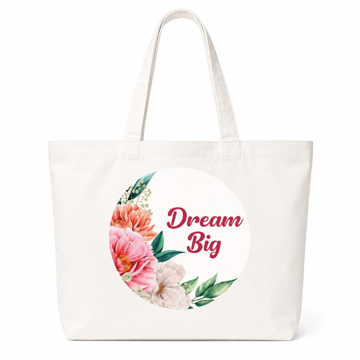 Adorvue Dream Big Quote With Flowers Printed Tote Bag Stylish Eco-Friendly Cotton Handbags, Canvas Bags for College, Shopping, Office, Travel, Grocery Runs, Beach Day and Casual Outings Pack of 1