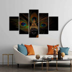 VIBECRAFTS Divine Buddha With Peacock Feather Wall Painting of Five Pieces For Home|Office|Living Room|Gift (PTVC5Pcs1_5541)