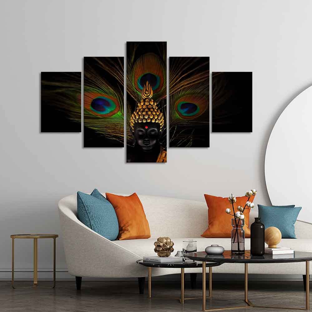 VIBECRAFTS Divine Buddha With Peacock Feather Wall Painting of Five Pieces For Home|Office|Living Room|Gift (PTVC5Pcs1_5541)