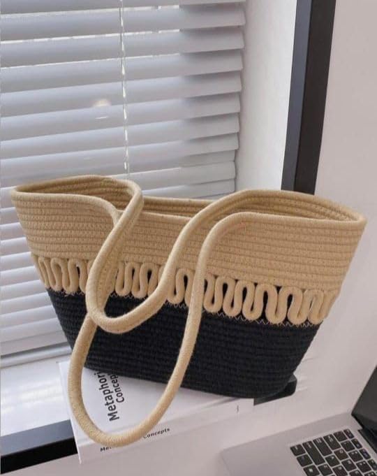 BEAUTIFUL HOMMIES Attractive Hand Bag |large Tote Bag |Summer Bag | Bucket Bag | Basket Bag | Bamboo Tote | Beach Bags for Women|Boho Bag|Handbag |Jute Bag |Handmade Bag (BEIGE BLACK)