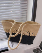 BEAUTIFUL HOMMIES Attractive Hand Bag |large Tote Bag |Summer Bag | Bucket Bag | Basket Bag | Bamboo Tote | Beach Bags for Women|Boho Bag|Handbag |Jute Bag |Handmade Bag (BEIGE BLACK)