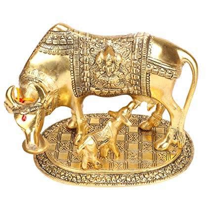 Prince Home Decor & Gifts Metal Kamdhenu Cow with Calf Statue Good Luck Holy Cow with Calf Statue/Metal Cow with Calf for Home Decor Spiritual Showpiece Figurine (XL Gold, 950)