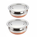 ALWAFLI 2 pcs Stainless Steel Copper Bottom Kitchen Serving, Cooking Bowl | Cook and Serve Inductiom & Gas Compatible Biryani Handi | Handi Set with Steel Lid (0.45 L & 0.75 L) (2 pcs)
