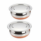 ALWAFLI 2 pcs Stainless Steel Copper Bottom Kitchen Serving, Cooking Bowl | Cook and Serve Inductiom & Gas Compatible Biryani Handi | Handi Set with Steel Lid (0.45 L & 0.75 L) (2 pcs)