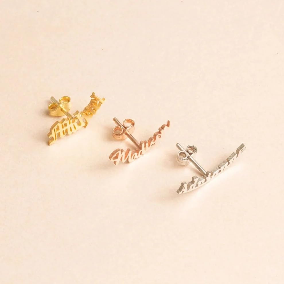 Customised Name Earrings for Women & Girls | Custom Script Name Stud Earrings | Gold Plated Personalized Jewelry | Handmade Custom Name Earring Gift for Birthday Anniversary