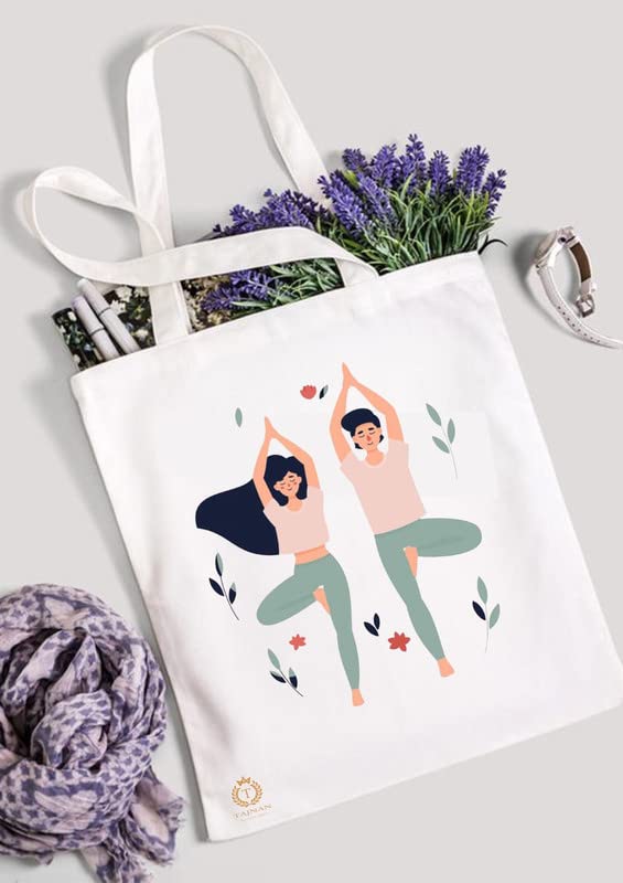 TAJNAN Reusable Tote Bags|100% Organic Cotton Grocery Bag|Eco-Friendly, Multi-Purpose Bag|Sturdy Canvas Bag with 15kgs Capacity | Multiple Stylish Designs,Pack of 1 (Yoga) - Best Gift for Valentines