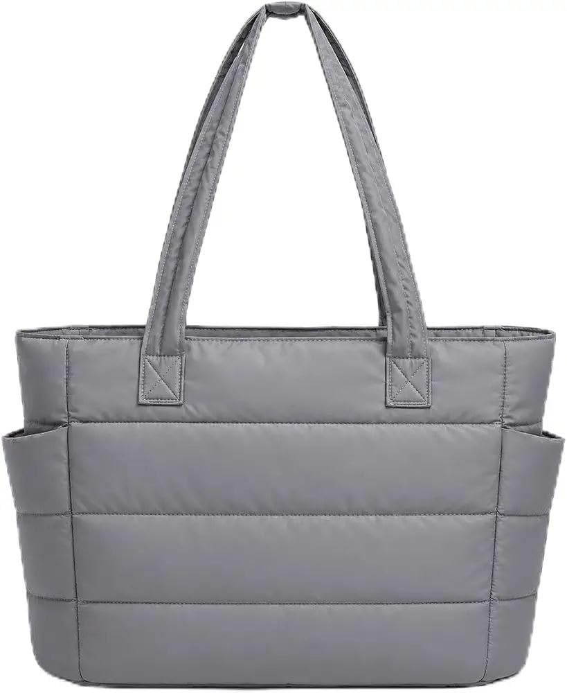 COZIESS 1Pack, Stylish Women's Office Tote Bag with Multi Compartment, Lightweight Puffy Shoulder Handbag, Large Capacity College Bag with Side Pockets for Travel, Work & Daily Use - Grey