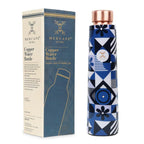 MERCAPE Pure Copper Water Bottle 900ml | Jointless Design | Leak Proof Copper Bottle with Printed Blue Geometric Pattern | Reusable Water Bottle for Home, Office, Gym & Travel