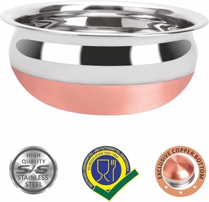 PUHBRHY 3pcs Stainless Steel Copper Bottom Kitchen Serving,Traditional Indian Cook,Biryani Handi for Restaurant Cookware Set Ideal for Dal & Gravy & Dining Serveware (3 pcs)