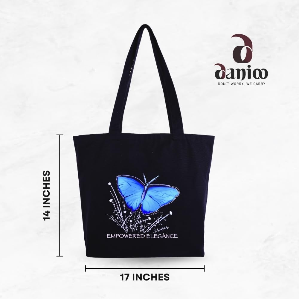 DANIOO DON'T WORRY WE CARRY Large Canvas Tote Bag for Women | Everyday Work & College Tote | 400 GSM Cotton, Bottle Holder & Inner Pocket | Black
