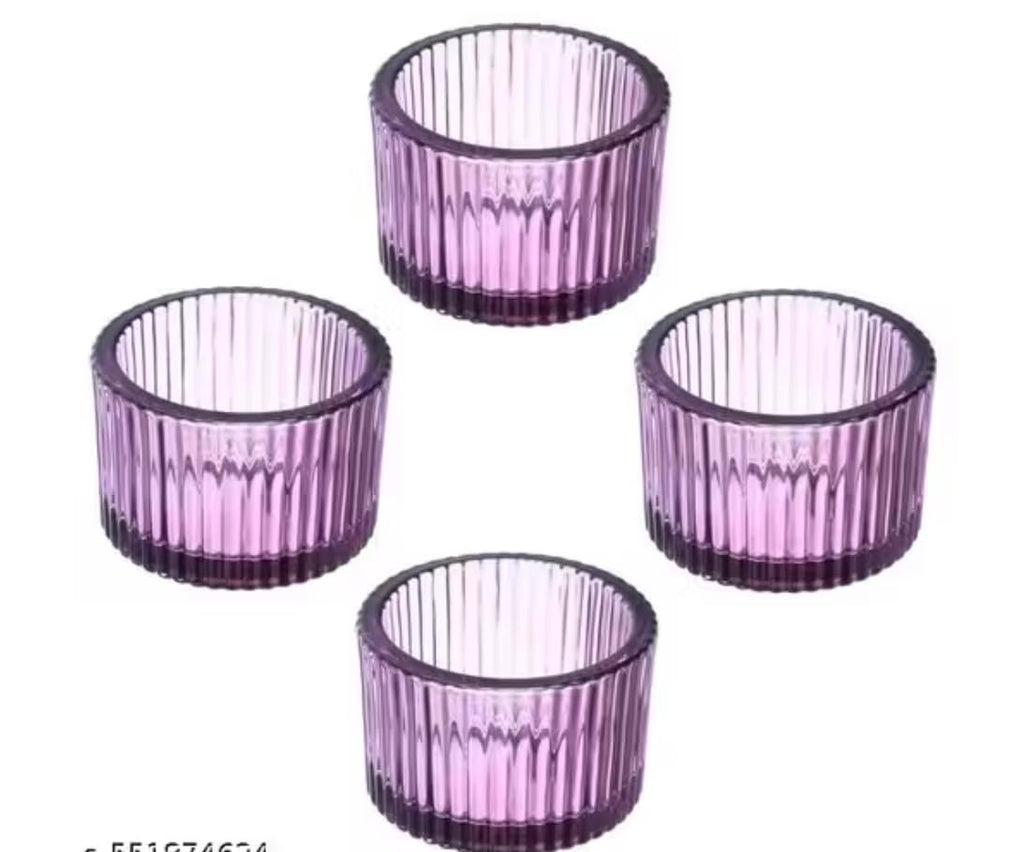 Ribbed Glass Tealight Candle Holders, Set of 6, Table Decor for Weddings, Candlelight Dinner, Diwali, Party (Pack of 6) (Purple)