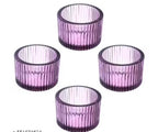 Ribbed Glass Tealight Candle Holders, Set of 6, Table Decor for Weddings, Candlelight Dinner, Diwali, Party (Pack of 6) (Purple)
