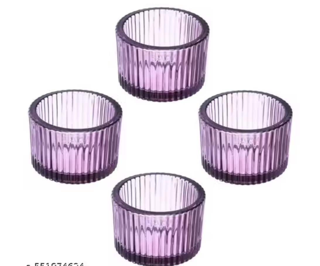 Ribbed Glass Tealight Candle Holders, Set of 6, Table Decor for Weddings, Candlelight Dinner, Diwali, Party (Pack of 6) (Purple)