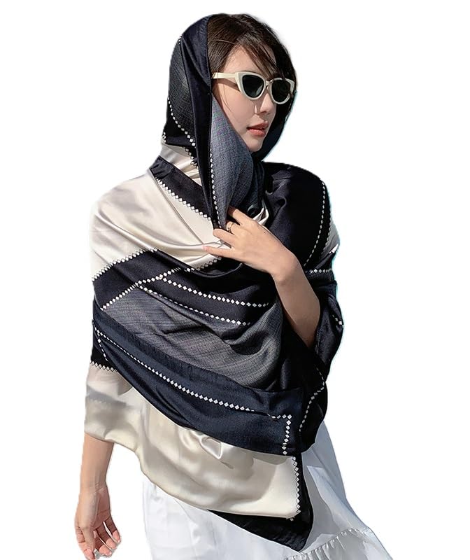 Alexvyan Satin Silk Summer Scarves 170 x 84 cm, Black & Grey Colour with Stitched Border, Lightweight Fashion Scarf for Women Sun Protection Stole