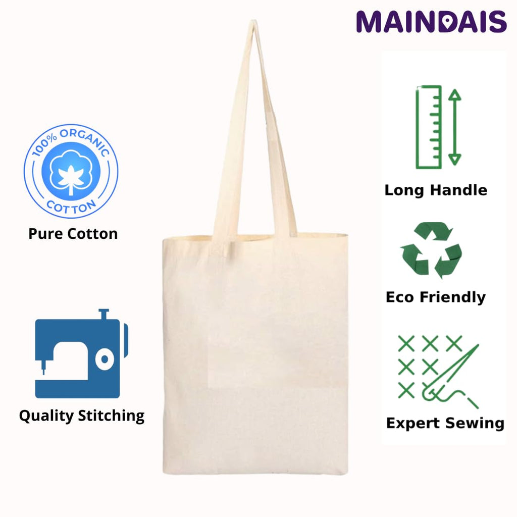 MAINDAIS Cotton Tote Shopping Bags With Extra Strong 12’’ Handle | Hold 15 Kg | Washable, Reusable, Eco Friendly Biodegradable Multipurpose Use Grocery Bag Natural(Pack Of 2)