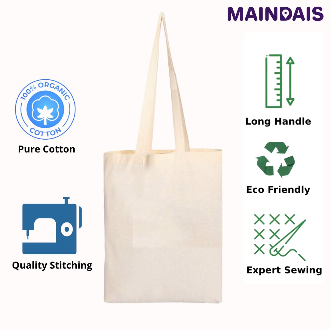 MAINDAIS Cotton Tote Shopping Bags With Extra Strong 12’’ Handle | Hold 15 Kg | Washable, Reusable, Eco Friendly Biodegradable Multipurpose Use Grocery Bag Natural(Pack Of 2)