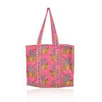 DecorAvenue Quilted Premium Cotton Printed Reversible Tote Bag Grocery Shopping Bag Travel Bags Carry Bag 18x15x5.5 Inch (Pink Tiger)