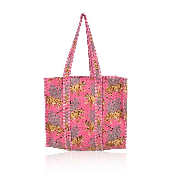 DecorAvenue Quilted Premium Cotton Printed Reversible Tote Bag Grocery Shopping Bag Travel Bags Carry Bag 18x15x5.5 Inch (Pink Tiger)