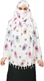 DHRUNA Pure Cotton Long Scarf Cum Mask for Women & Girls | White Feather Printed UV Protection Face Cover, Breathable Cotton Dupatta for Driving & Outdoor Wear
