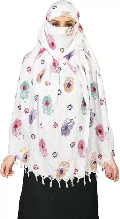 DHRUNA Pure Cotton Long Scarf Cum Mask for Women & Girls | White Feather Printed UV Protection Face Cover, Breathable Cotton Dupatta for Driving & Outdoor Wear
