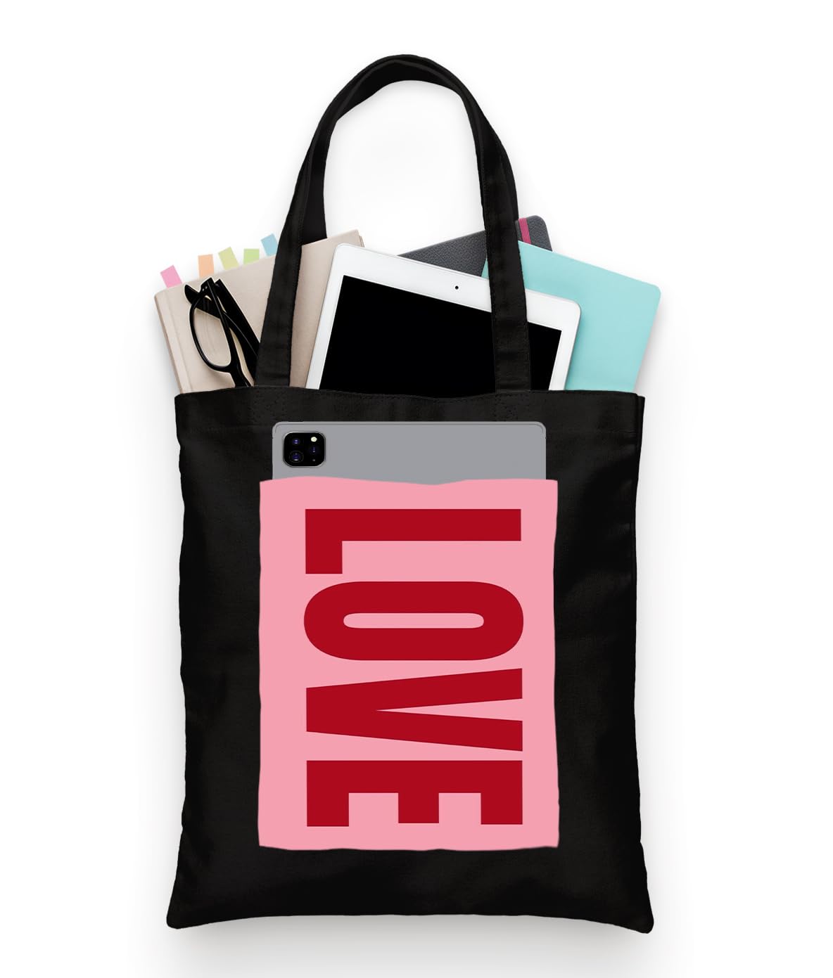 ZORI love Print Black Tote Bag With Pocket Printed Designed Canvas Tote Bags For Women large capacity,Tote bag For Shopping, College, Travel, More Canvas Handbag For Unisex Bag