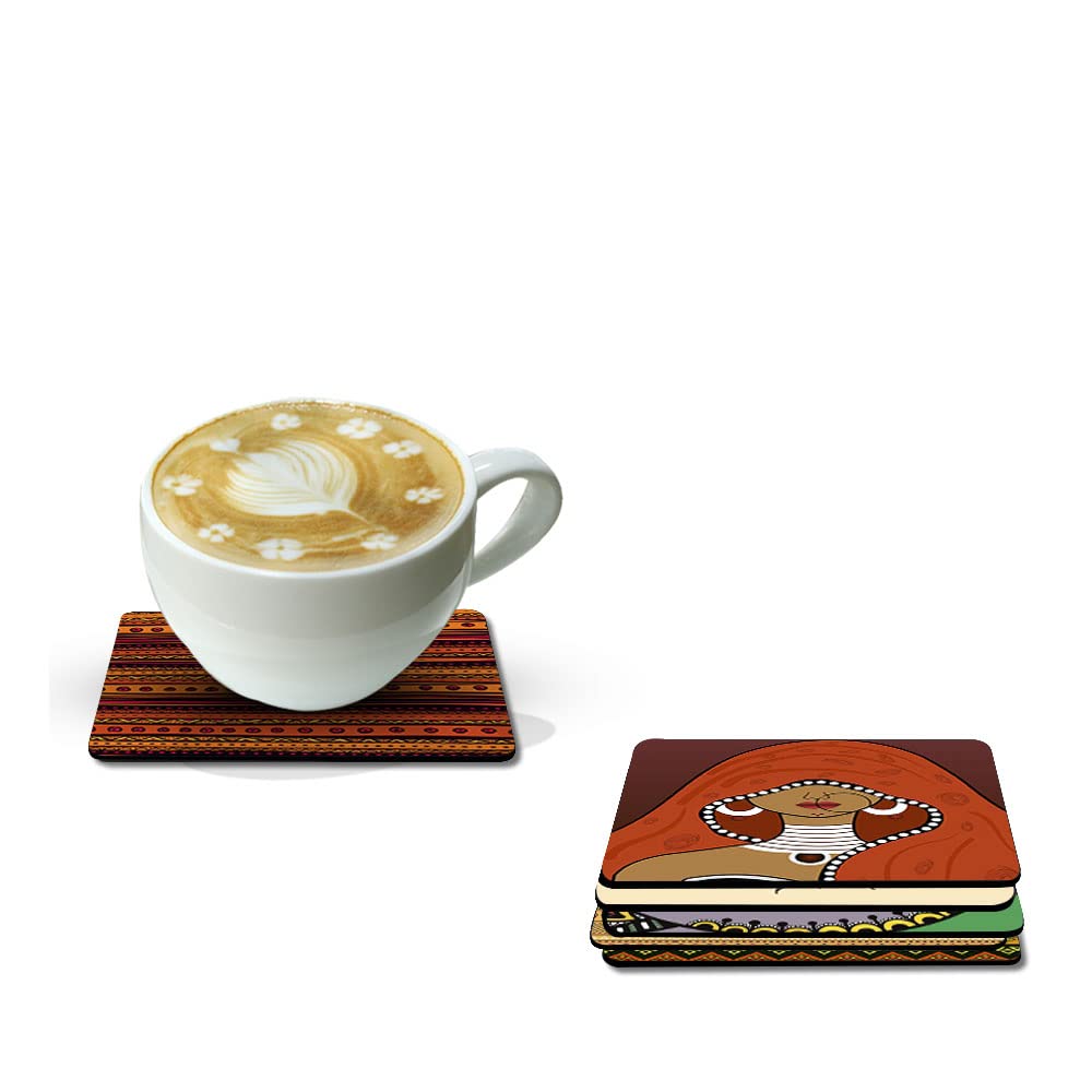 Artvibes Printed MDF Wooden Coasters for Home and Kitchen | Dining Table Decor | Square Coasters | Kitchen Decorative Item | Table Decoration | Home Decor (Set of 6 | 4x4 Inch)(Madhubani Art) TC_2010
