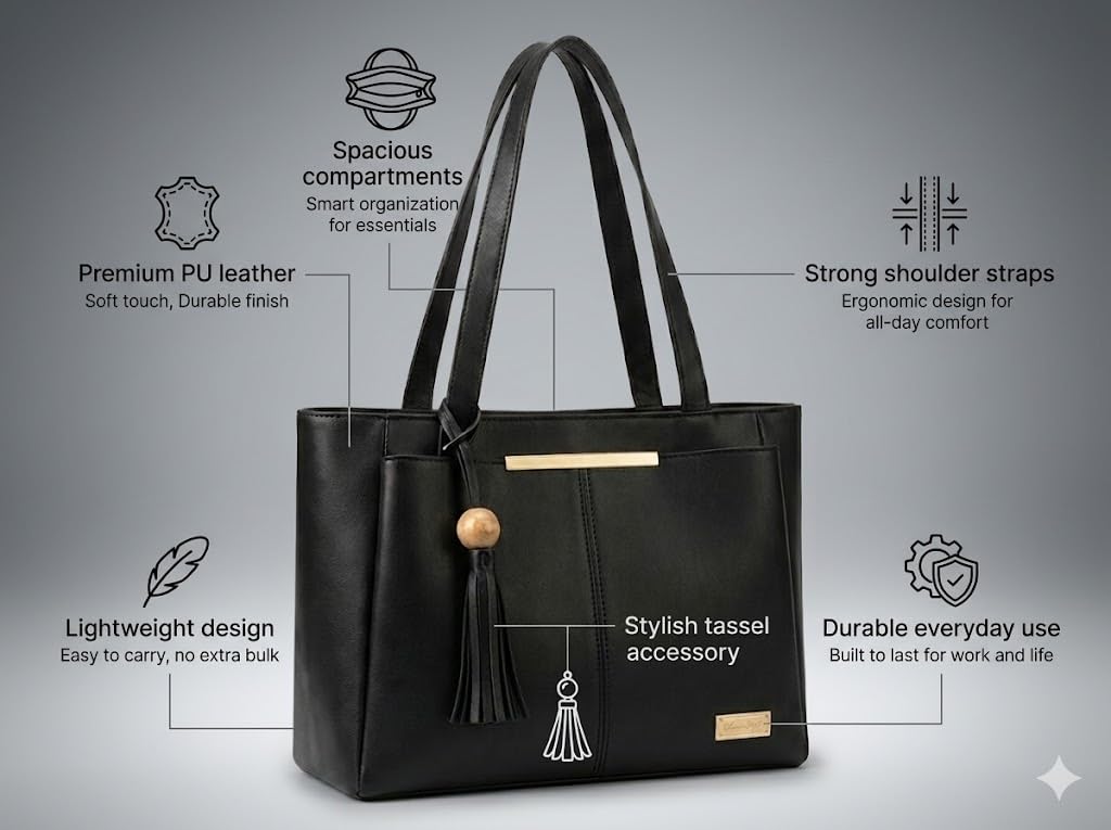 PAVILONN Women Tote Bag Ladies Handbag Shoulder Office Shopping Work Laptop PU Leather Brown Travel College Daily Use Designer Large Stylish Fashion Zipper Commuter Gift (BLACK)