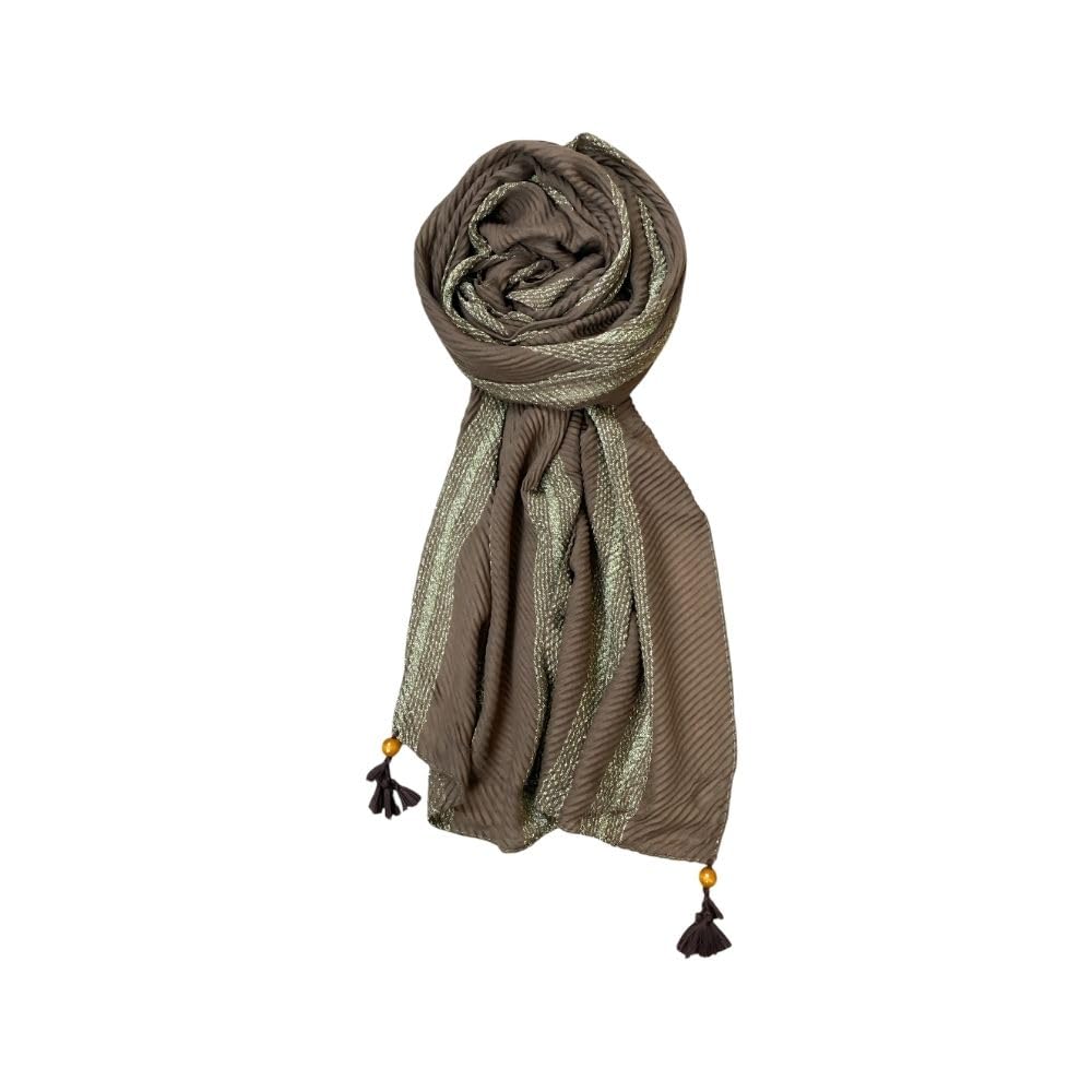 FAHABO Scarf Woman Pleated Stripes Woven Cotton Scarves with Tassels | Hijab Scarf | Headscarf | Neck Scarf | Stoles | Wraps (Brown with Green Stripes)