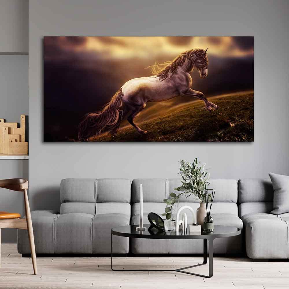 VIBECRAFTS Canvas Paintings for Living Room Drawing Room White Horse With Golden Hair Premium Canvas Panoramic Wall Painting Fitted With Wooden Frame for Home | Office | Gift (PTVCH_2336)