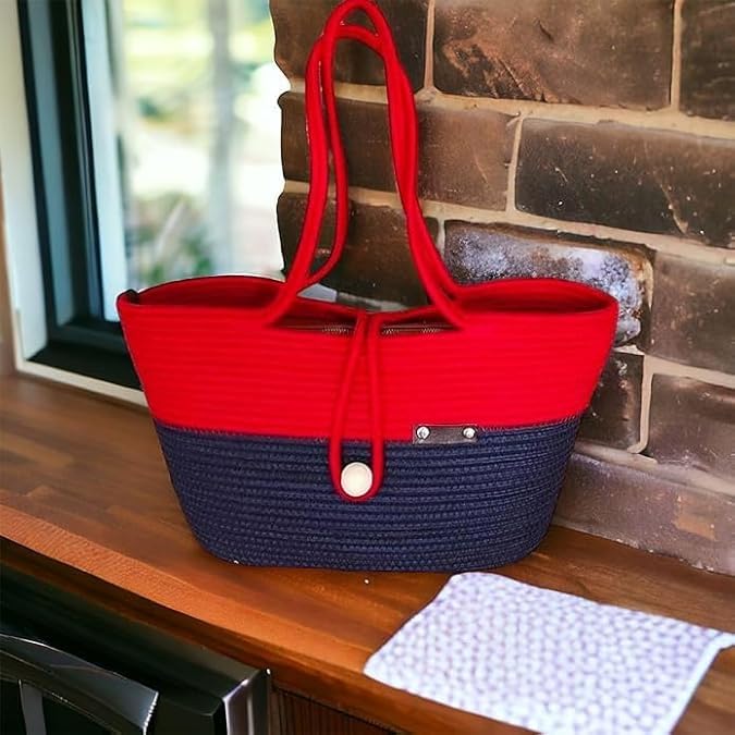 BEAUTIFUL HOMMIES Attractive Hand Bag |large Tote Bag |Summer Bag | Bucket Bag | Basket Bag | Bamboo Tote | Beach Bags for Women|Boho Bag|Handbag |Jute Bag |Handmade Bag (RED BLUE STYLISH)