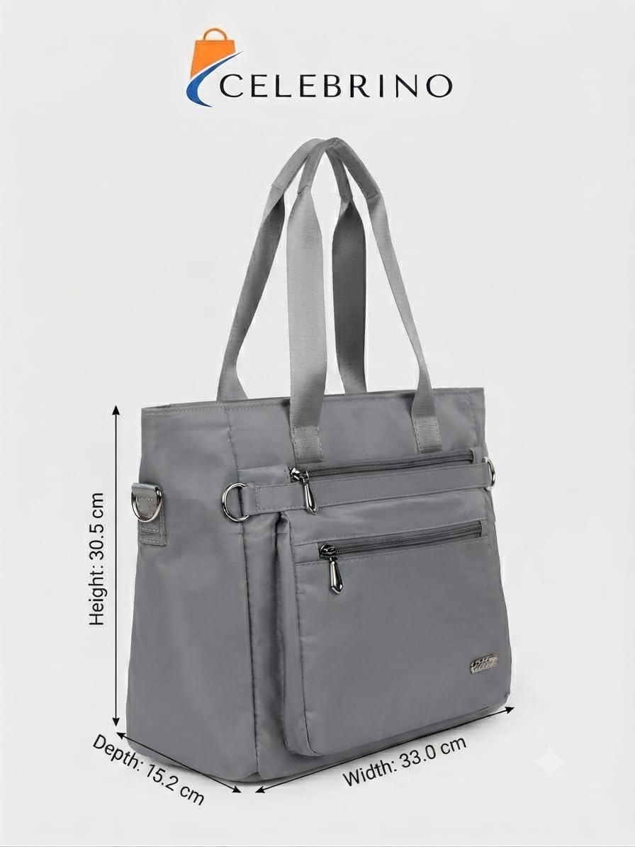 CELEBRINO Spacious Tote Handbag for Women | Nylon Hand Bags with Multiple Zip Compartments | Waterproof Large Shoulder Bag for Office, College, Travel & Shopping | Multi Pocket Zipper Handbags