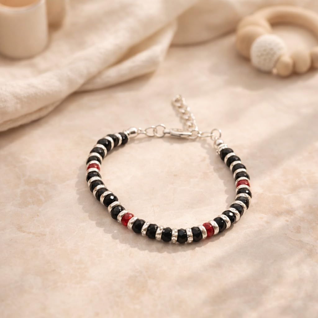 Osasbazaar Silver Nazariya Kadli Bracelet for Baby with Red and Black Beads - 90%-92.5% Pure BIS Hallmarked, Silver, Red and Black, Pack of 2