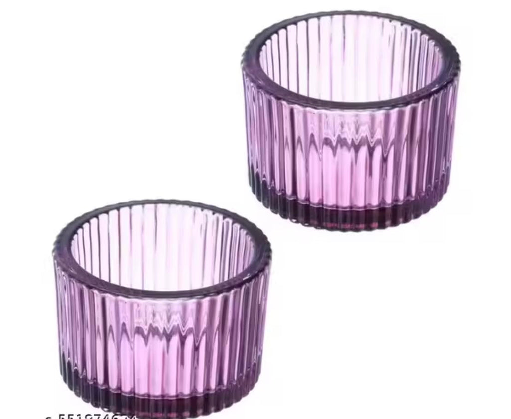 Ribbed Glass Tealight Candle Holders, Set of 6, Table Decor for Weddings, Candlelight Dinner, Diwali, Party (Pack of 6) (Purple)