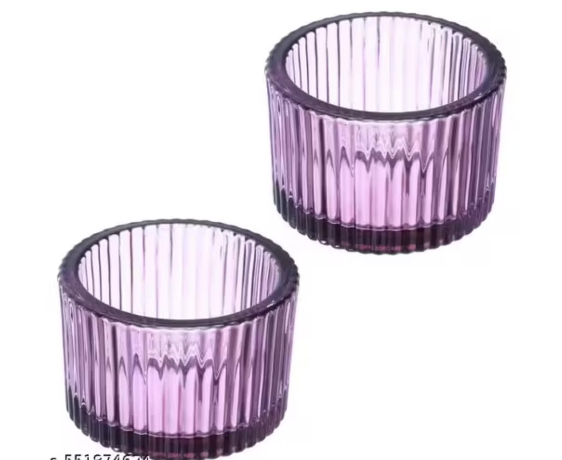 Ribbed Glass Tealight Candle Holders, Set of 6, Table Decor for Weddings, Candlelight Dinner, Diwali, Party (Pack of 6) (Purple)