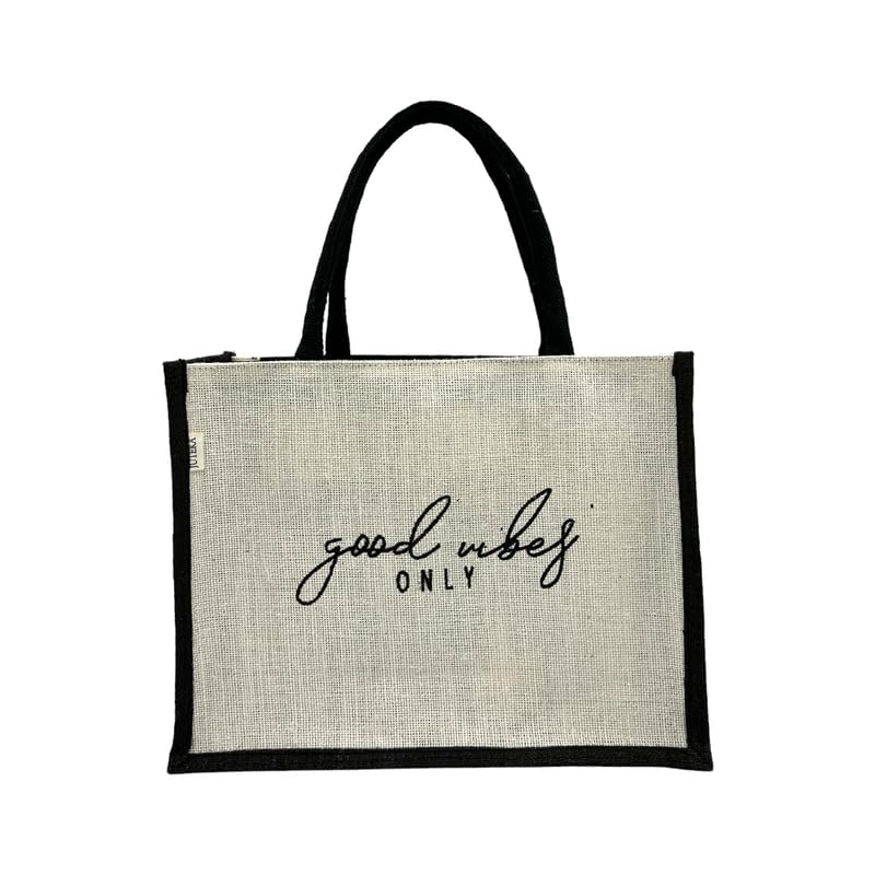 JUTEKA Unisex-Adult Quote Printed Jute Bag For Lunch, Office, Grocery, Picnic, Tiffin, Shopping Hand Bag With Padded Cotton Handles (White)