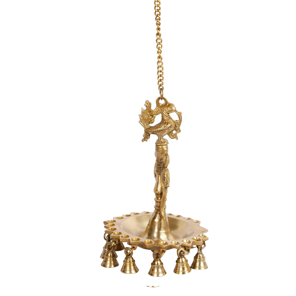 Artvarko™ Brass Bird Peacock with Double Parrot Traditional Wall Hanging Bell Diya with Chain Oil Lamp Diwali Puja Home Office Temple