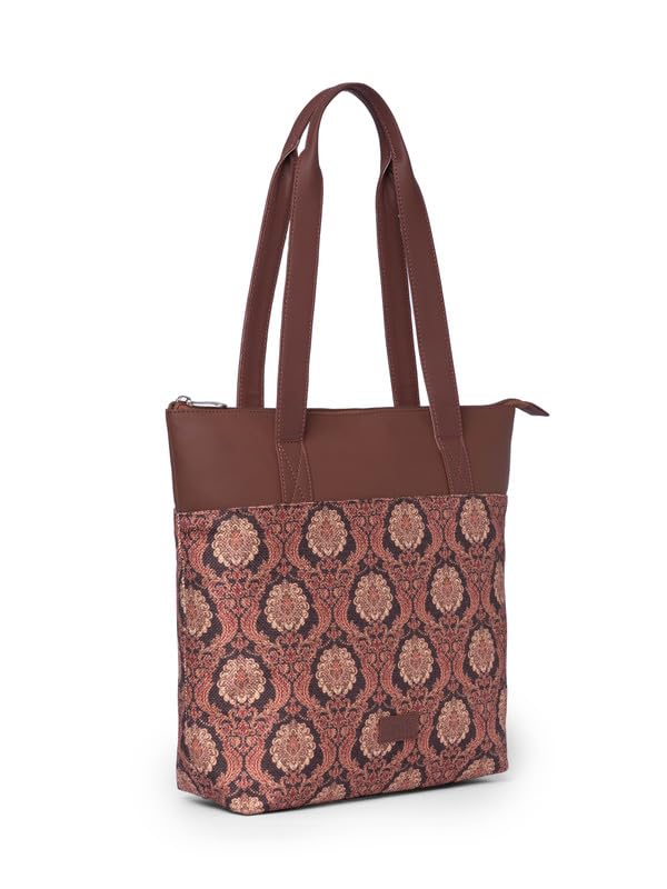 ZOUK Jodhpur Damask Motif Printed Women's Jute Handcrafted Vegan Leather Black Everyday Tote