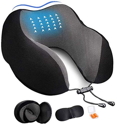 SKYLOFTS 100% Cotton Blue Neck Pillow for Boys Car, Train, Flight, Bus - Microfibre Travel Cushions with Sleeping Eye Mask- Kids