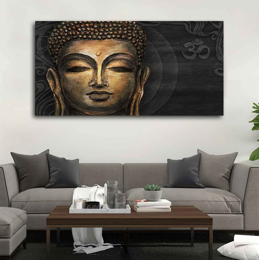 VIBECRAFTS Gautam Buddha, Stylized Bodhi tree with OM Premium Canvas Wall Painting With Frame for Living Room Drawing Room Home|Office|Gift (PTVCH_2214)