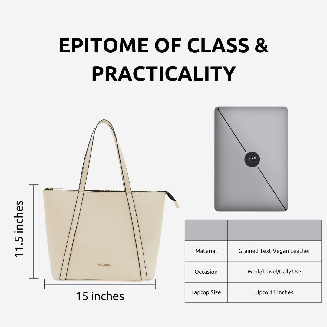 The Gusto AZA - Premium Vegan Leather Tote Bag for Women with Grained Texture | Medium Size Stylish Hand Bag/Shoulder Bag, Fits upto 14 Laptop (Cream)