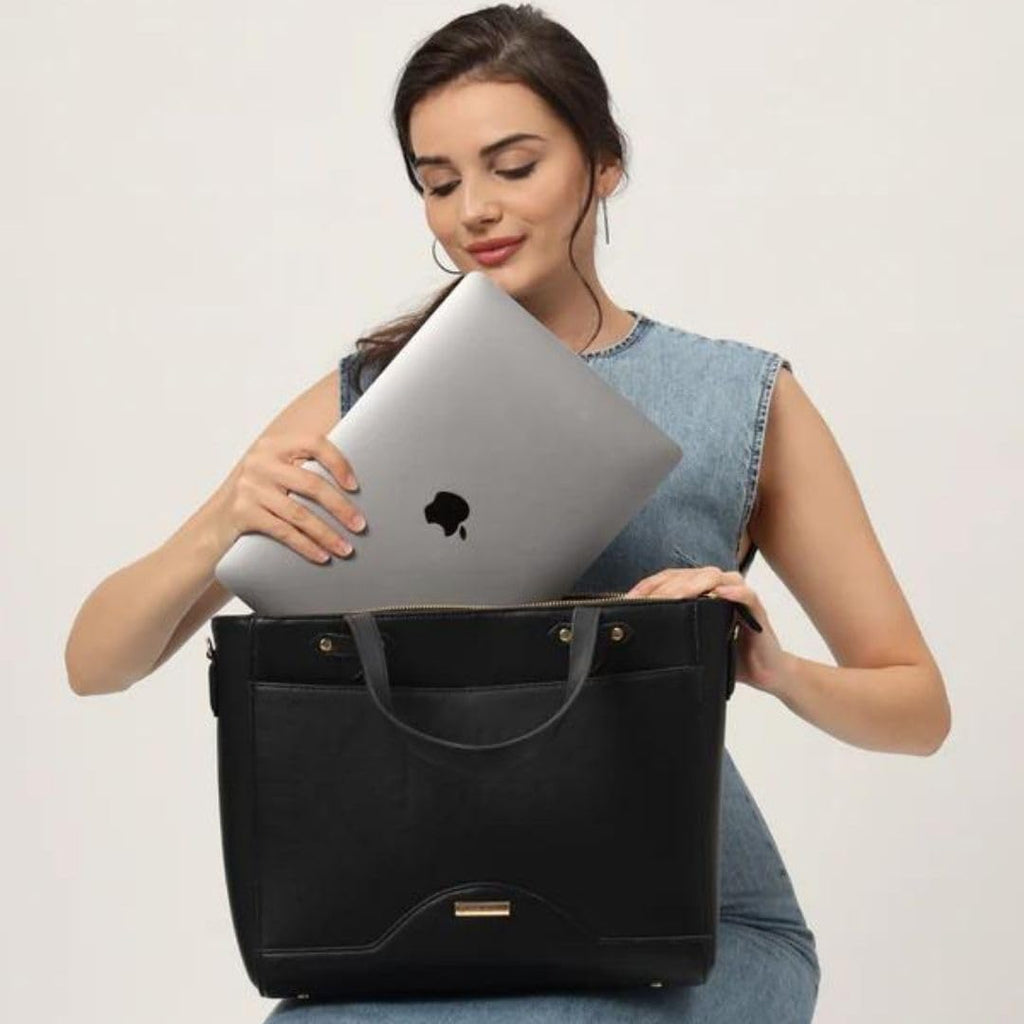 The Gusto Black Ardor - Premium Vegan Leather Tote Bag For Women | Stylish Hand Bag/Shoulder Bag With Zip, Fits Upto 14 Laptop | Office, Casual, College Use | Detachable Sling, Handcrafted